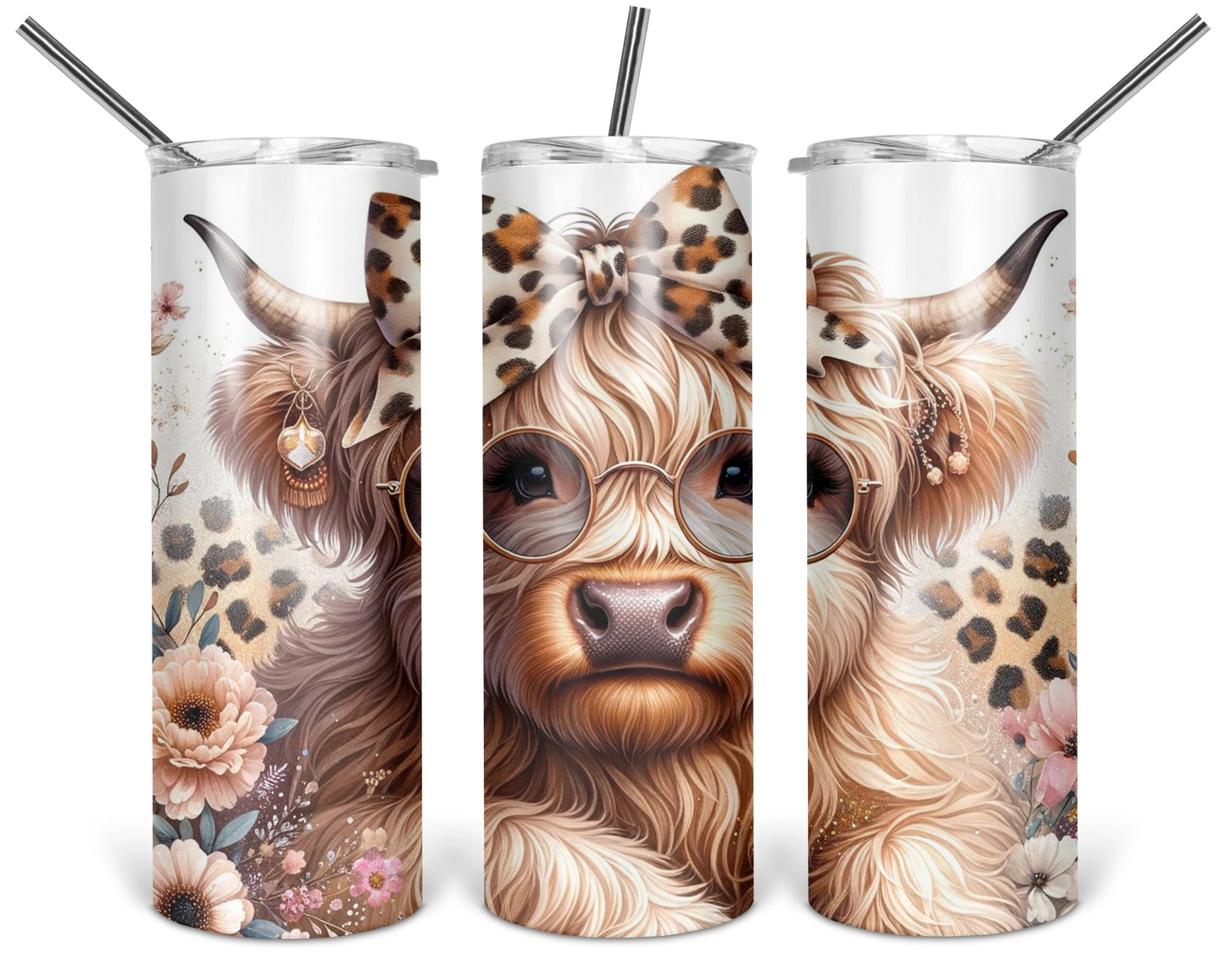 Highland Calf With A Leopard Print Bow / 20oz Cow Tumbler With Straw / Gift For Cow Lovers