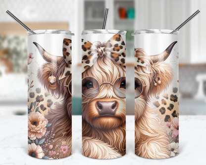 Highland Calf With A Leopard Print Bow / 20oz Cow Tumbler With Straw / Gift For Cow Lovers