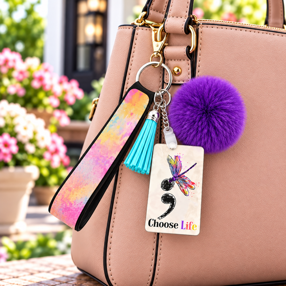 Hope Beyond the Pause wristlet keychain hanging from a purse