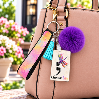 Hope Beyond the Pause wristlet keychain hanging from a purse