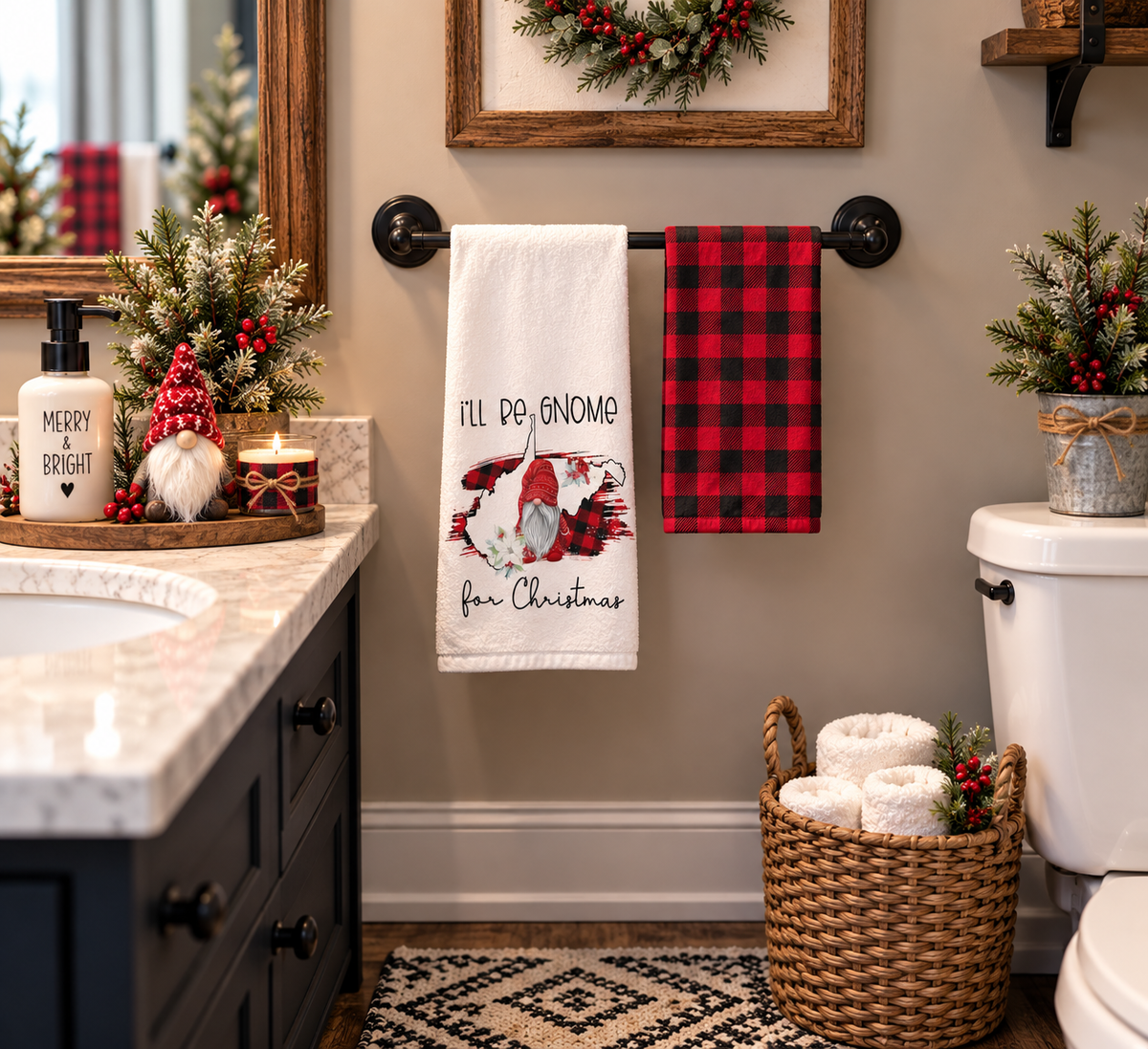 Christmas gnome towel set displayed beside a kitchen sink