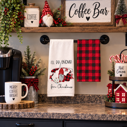 Gnome and red-and-black plaid towels displayed at a holiday coffee bar