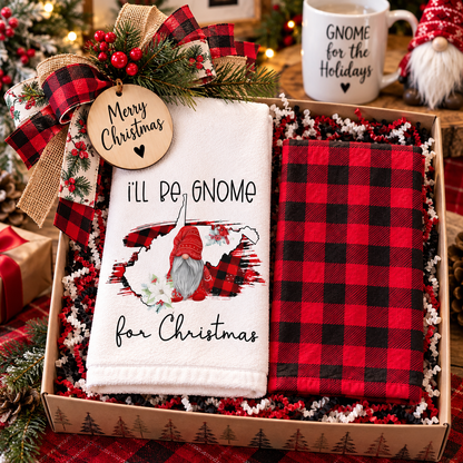 Christmas gnome and buffalo plaid towels arranged in a gift basket