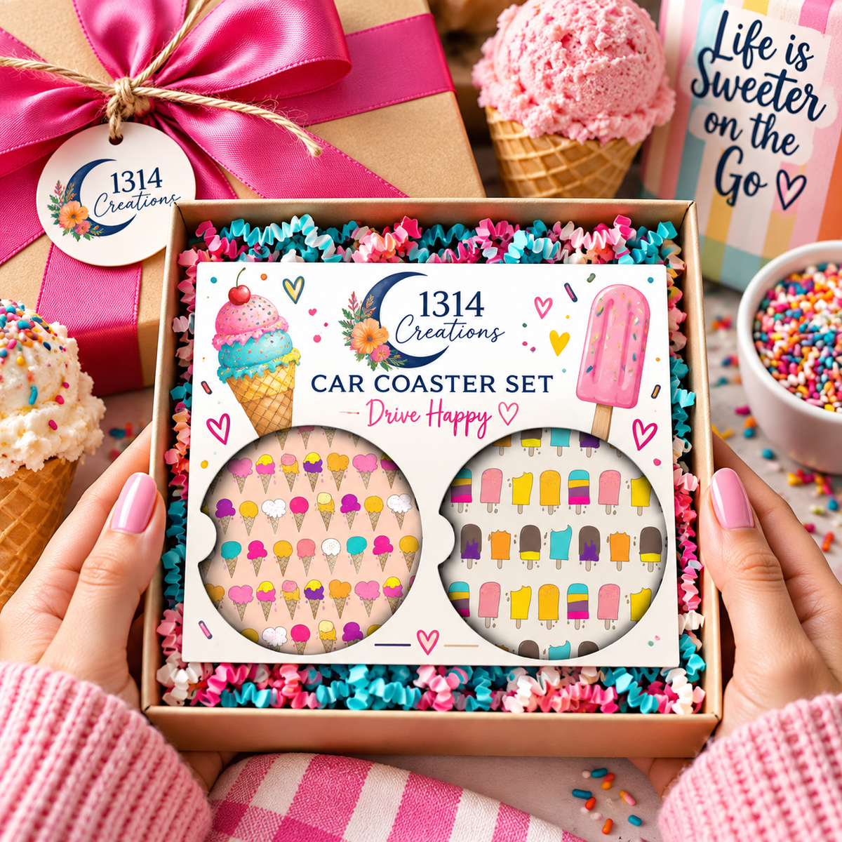 Icy Expressions ice cream and popsicle car coaster set presented as a colorful gift