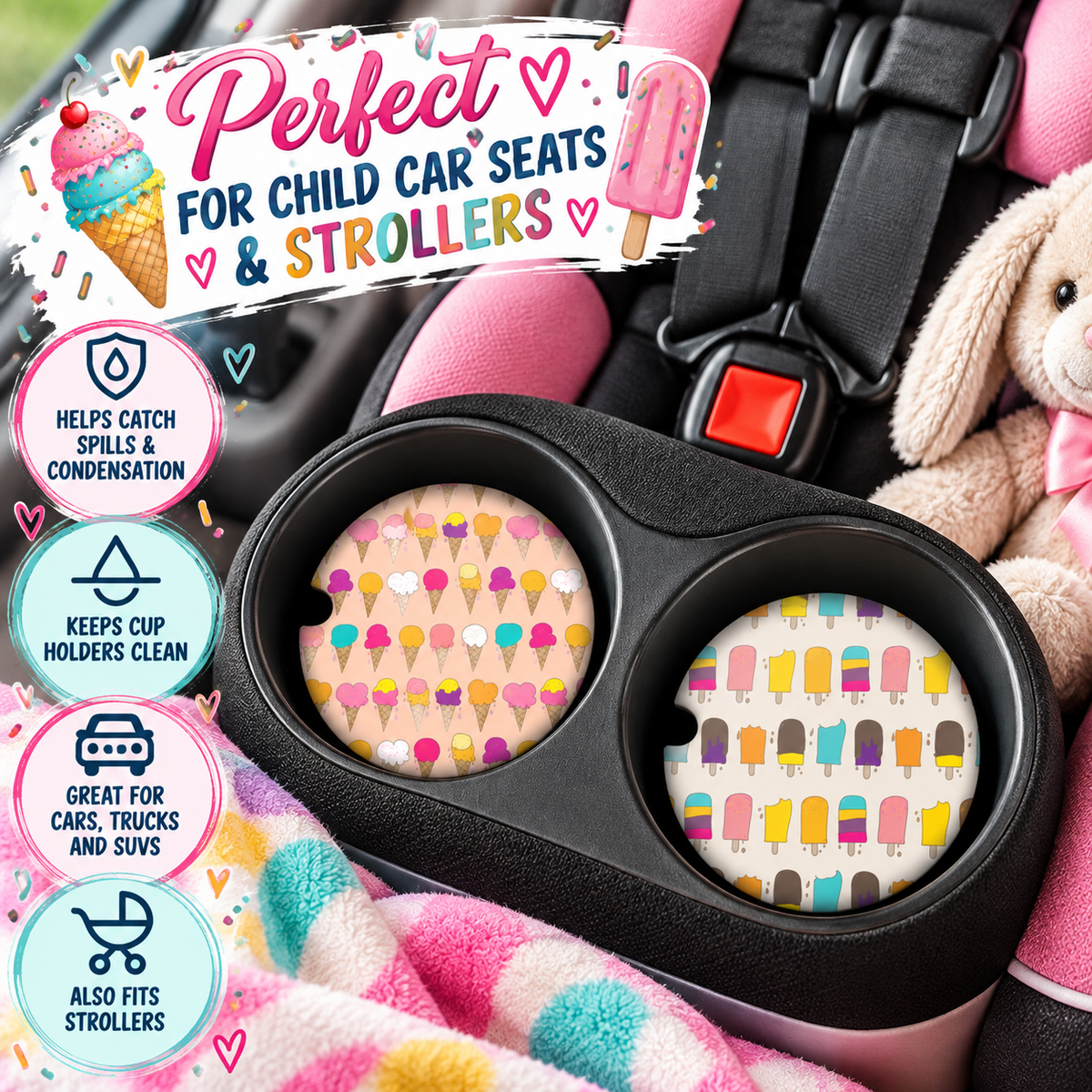 Icy Expressions ice cream and popsicle coasters displayed in child car seat cup holders