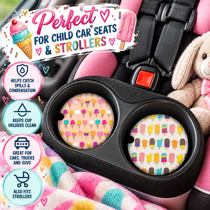Icy Expressions ice cream and popsicle coasters displayed in child car seat cup holders