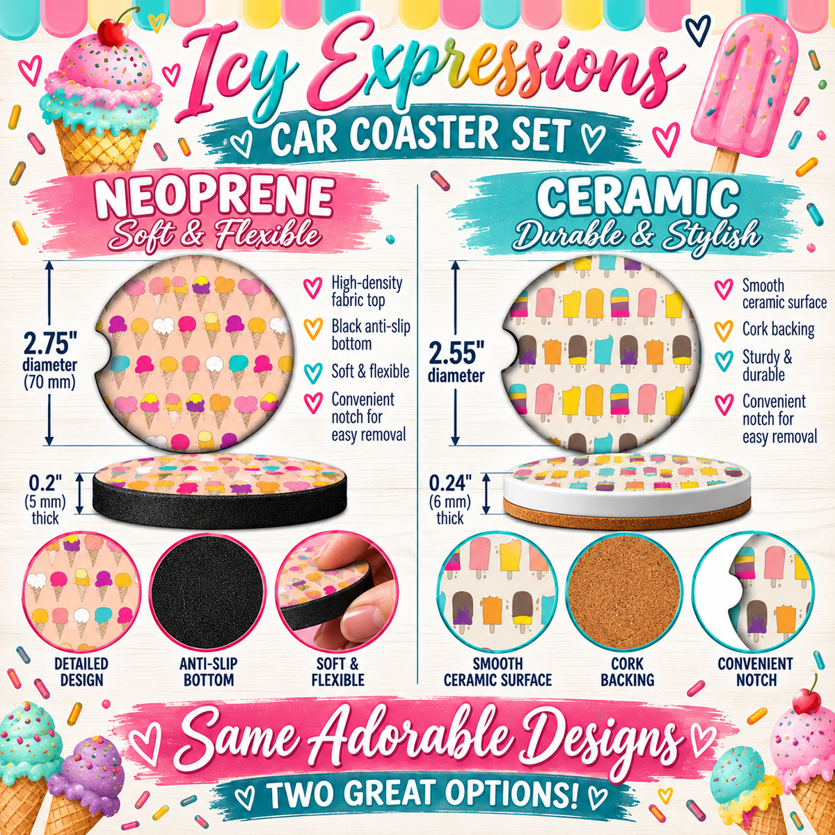 Icy Expressions Neoprene and Ceramic ice cream car coaster size comparison