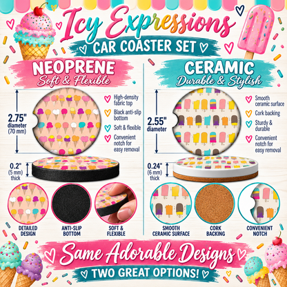 Icy Expressions Neoprene and Ceramic ice cream car coaster size comparison