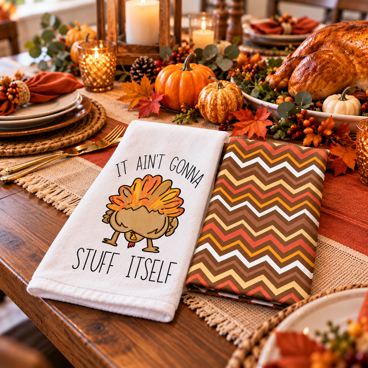 Turkey and chevron hand towels displayed on a Thanksgiving table