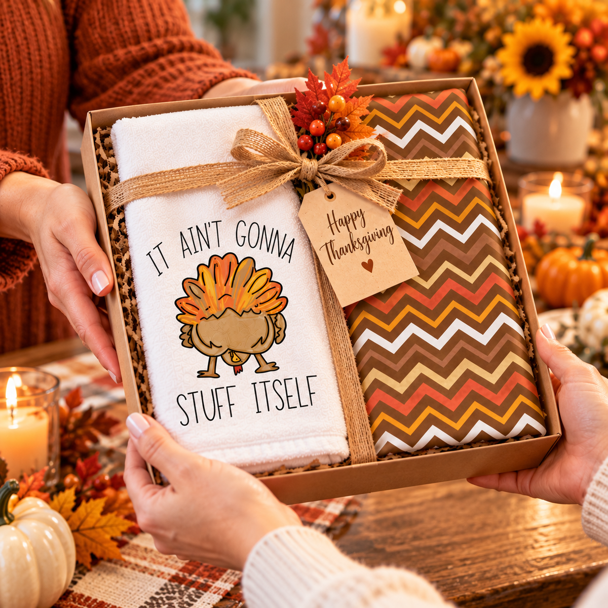 Thanksgiving turkey towel set arranged in a fall gift box