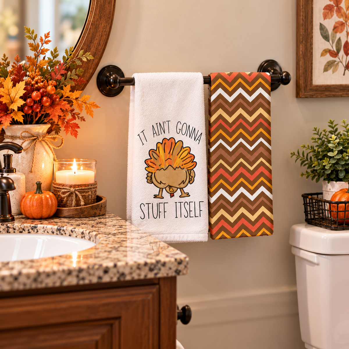 Turkey and fall chevron towels hanging beside a bathroom sink