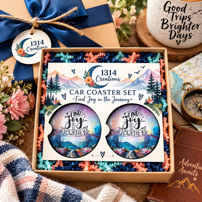 Journey Bliss Find Joy in the Journey car coaster set presented as an inspirational gift