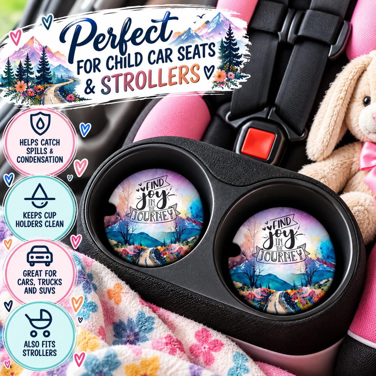 Journey Bliss inspirational coasters displayed in child car seat cup holders