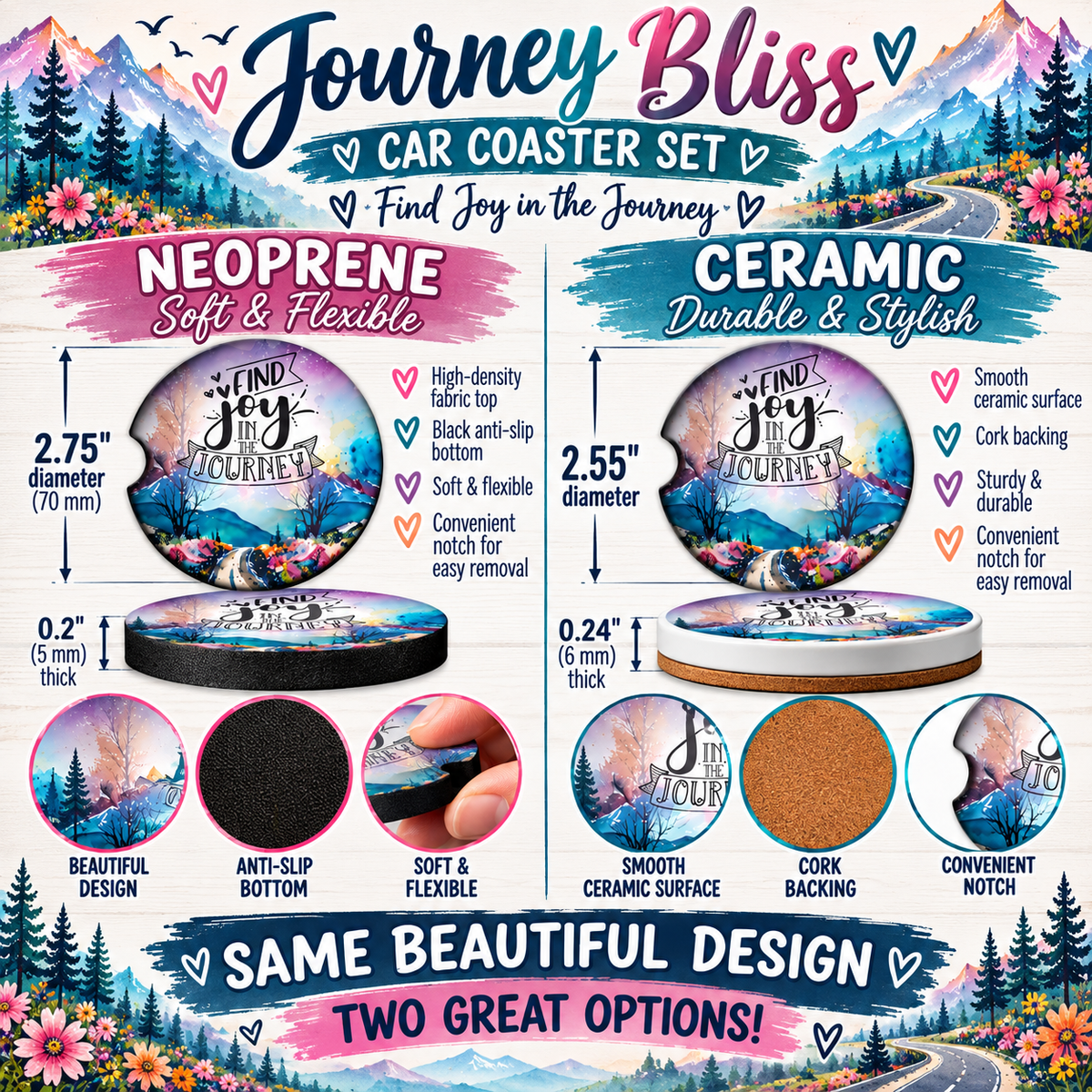 Journey Bliss Neoprene and Ceramic inspirational car coaster size comparison