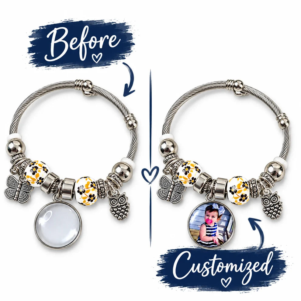 Photo personalization example showing a bracelet’s blank round charm before and after customization with a child’s portrait.