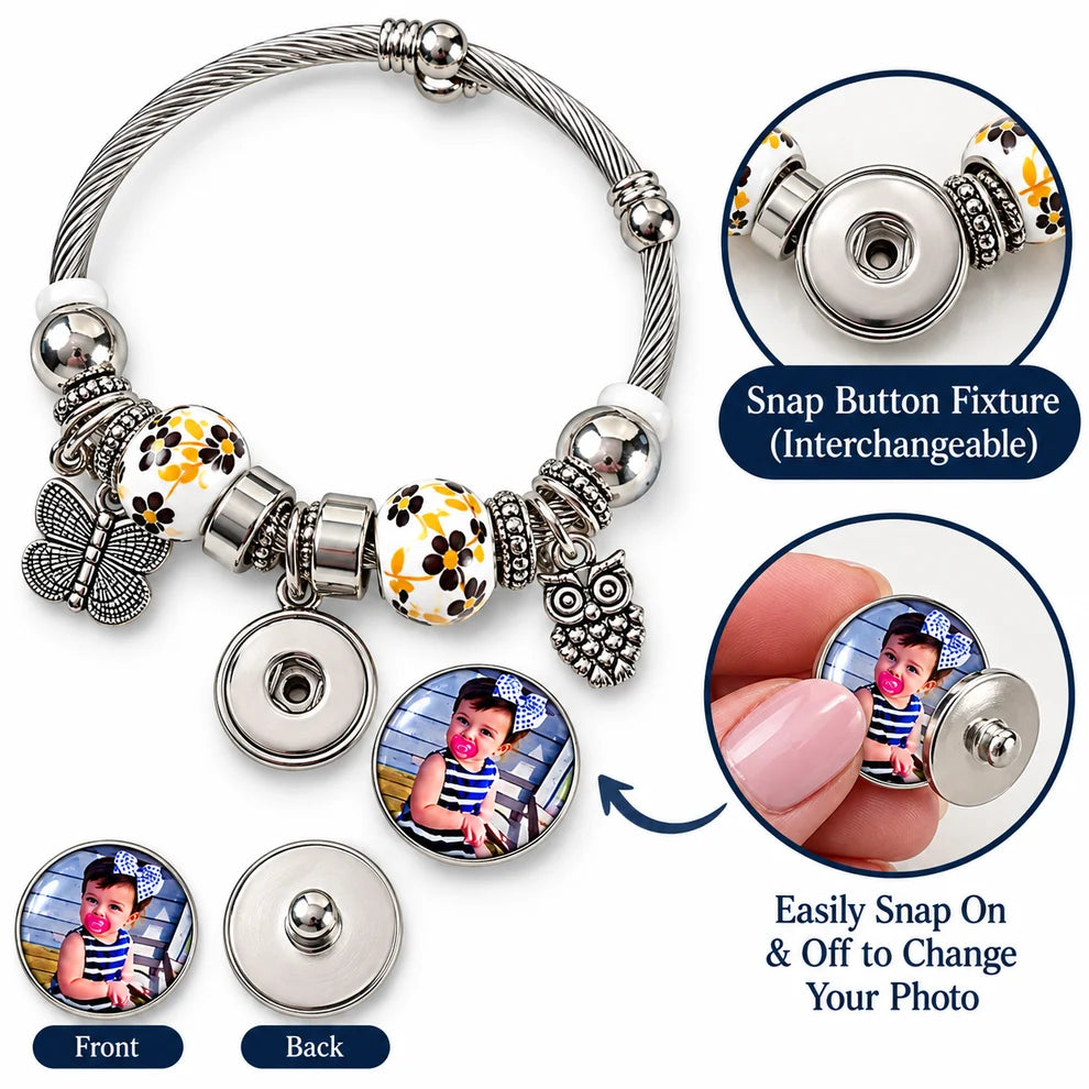 Interchangeable snap button fixture diagram showing the photo charm’s front and back and how it snaps onto and off the bracelet.