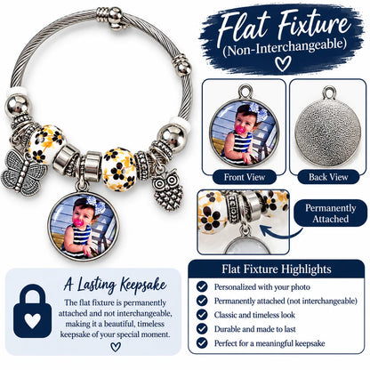 Non-interchangeable flat fixture diagram showing a permanently attached photo charm, its front view, and solid metal back.