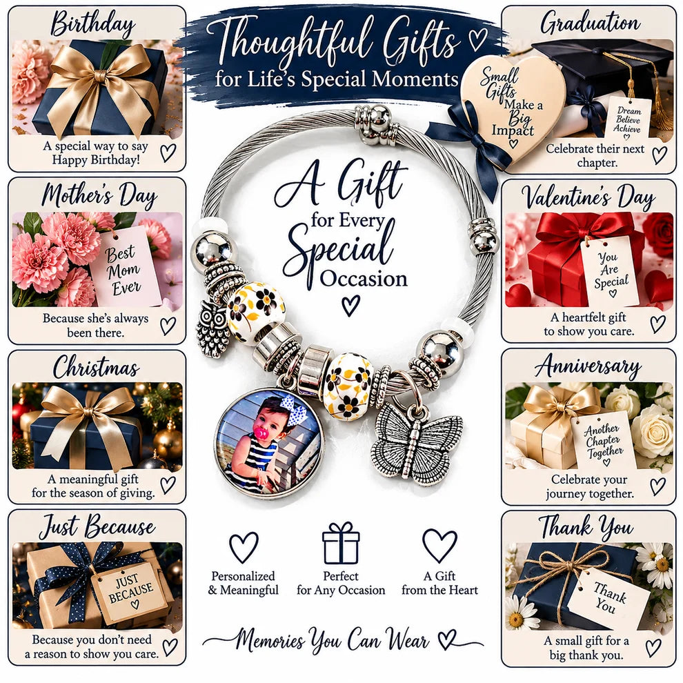 Photo bracelet gift guide featuring birthdays, graduation, Mother’s Day, Valentine’s Day, Christmas, anniversaries, and thank-you gifts.