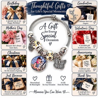 Photo bracelet gift guide featuring birthdays, graduation, Mother’s Day, Valentine’s Day, Christmas, anniversaries, and thank-you gifts.