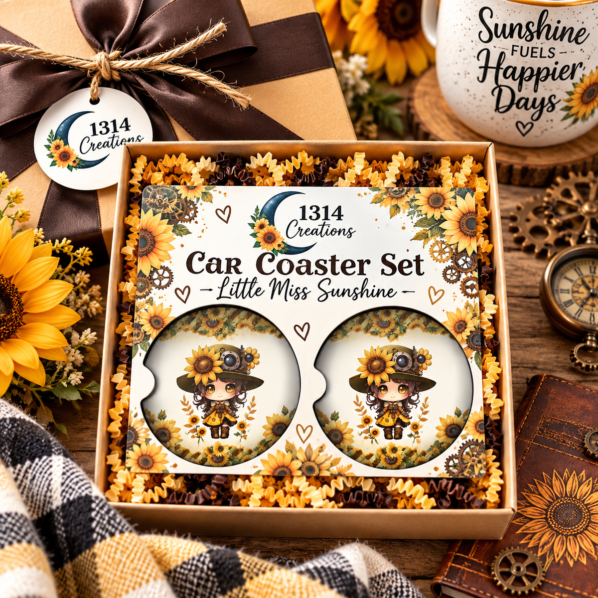 Little Miss Sunshine sunflower steampunk car coaster set presented as a gift