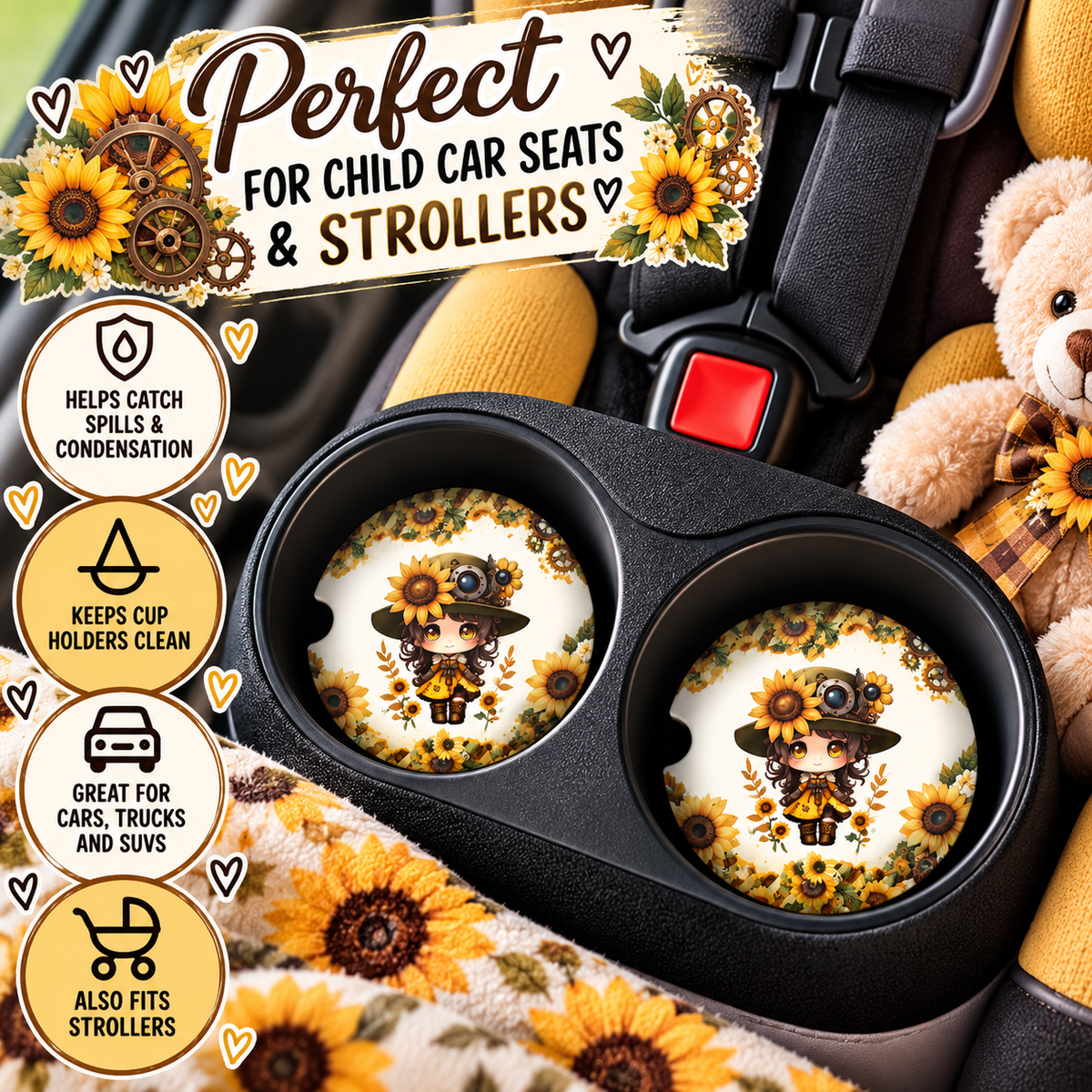 Little Miss Sunshine sunflower coasters displayed in child car seat cup holders