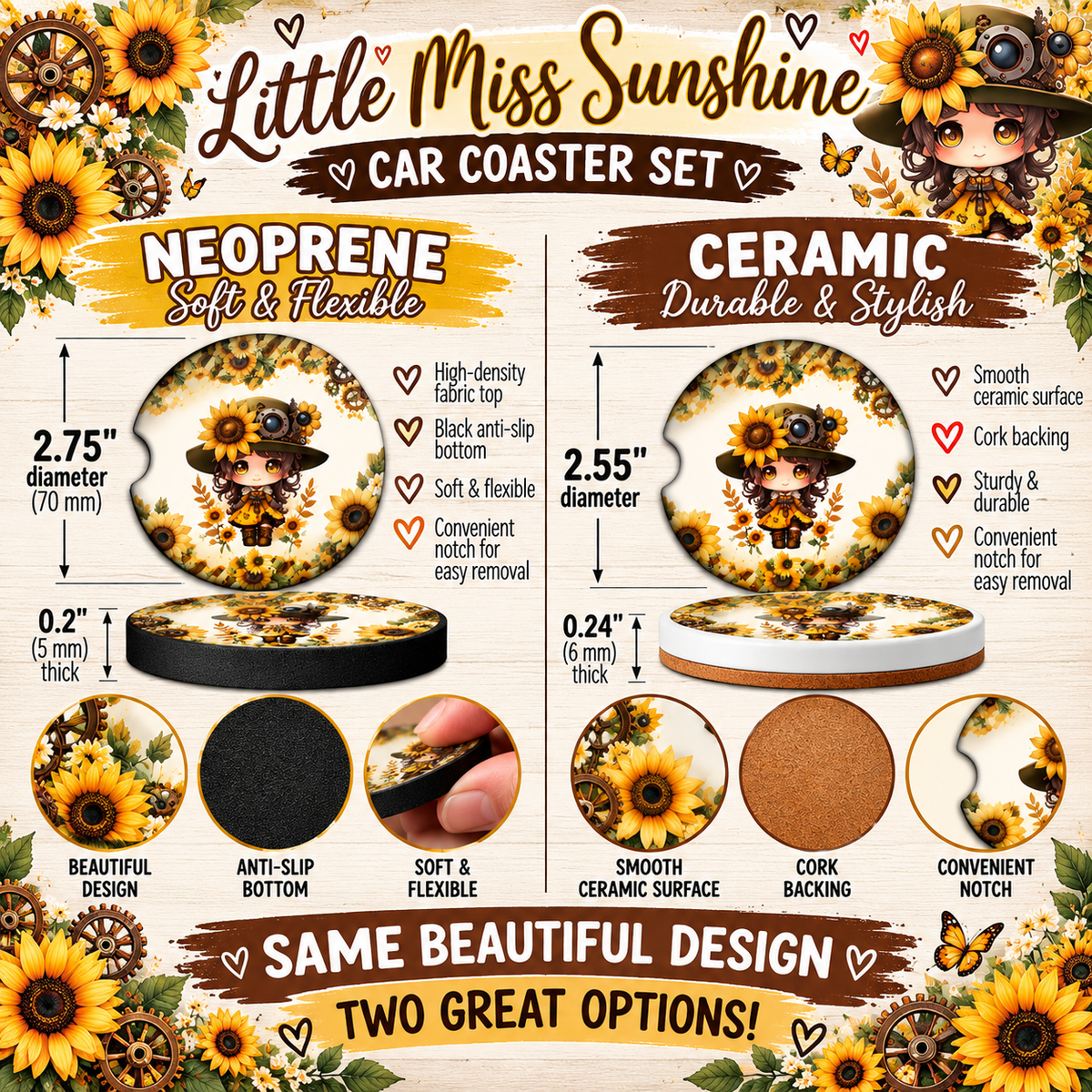 Little Miss Sunshine Neoprene and Ceramic sunflower car coaster size comparison