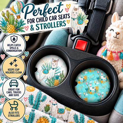 Llama-Docious Adventures coasters displayed in child car seat cup holders