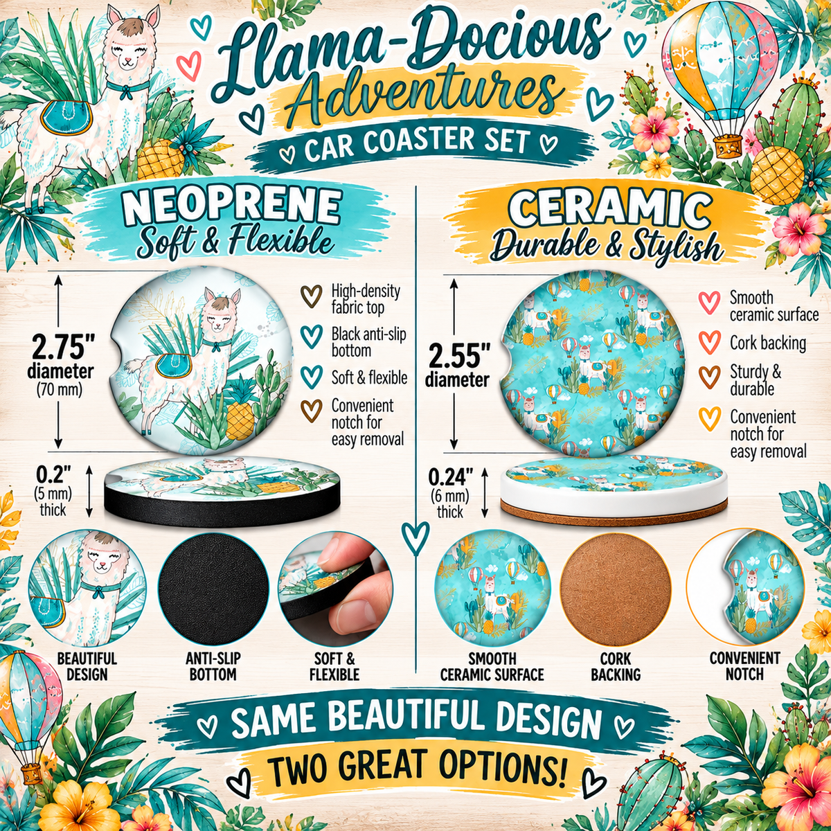 Llama-Docious Adventures Neoprene and Ceramic llama car coaster size comparison
