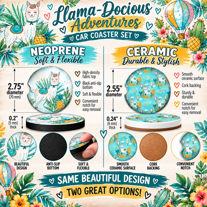 Llama-Docious Adventures Neoprene and Ceramic llama car coaster size comparison
