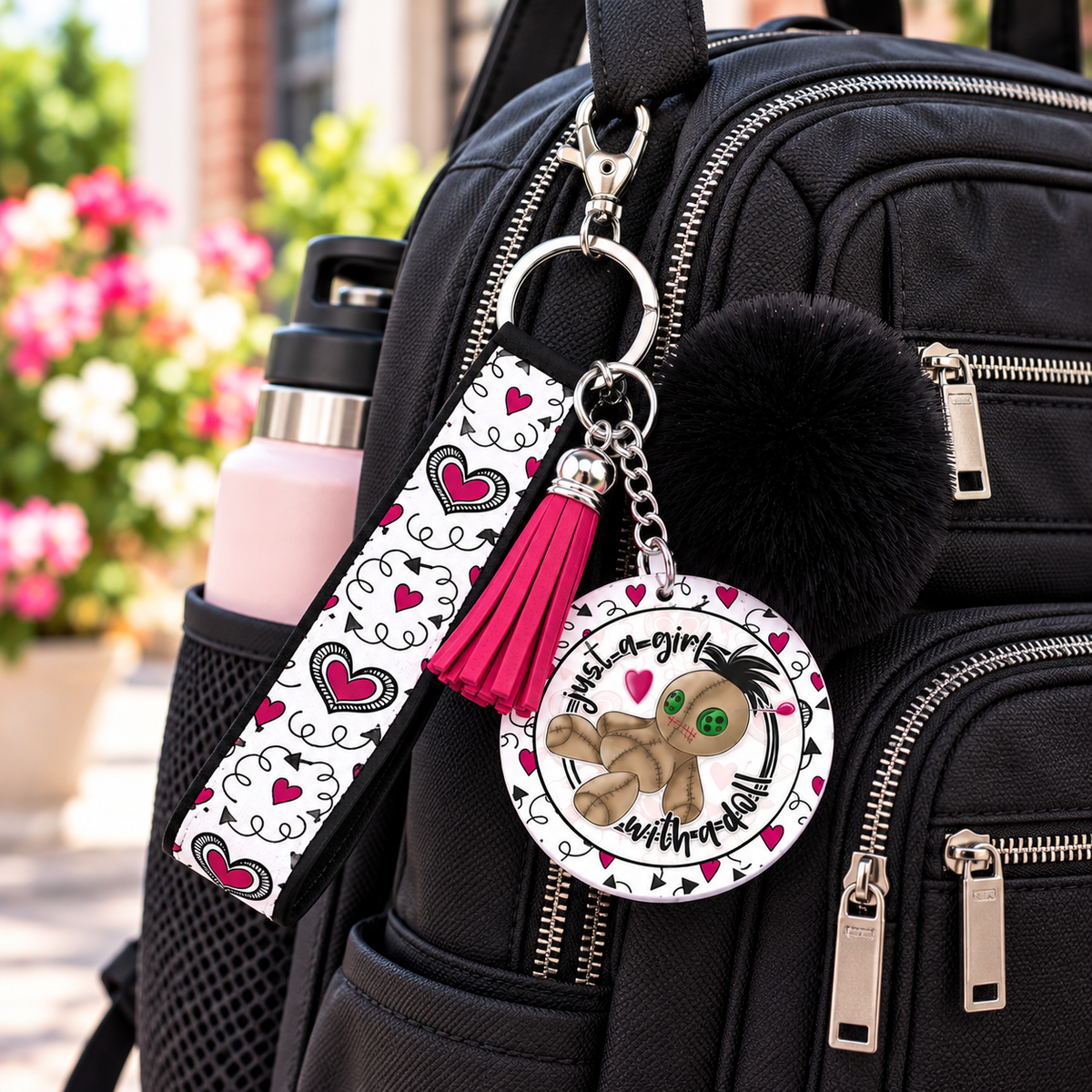 Love Me to Pieces wristlet keychain hanging from a backpack