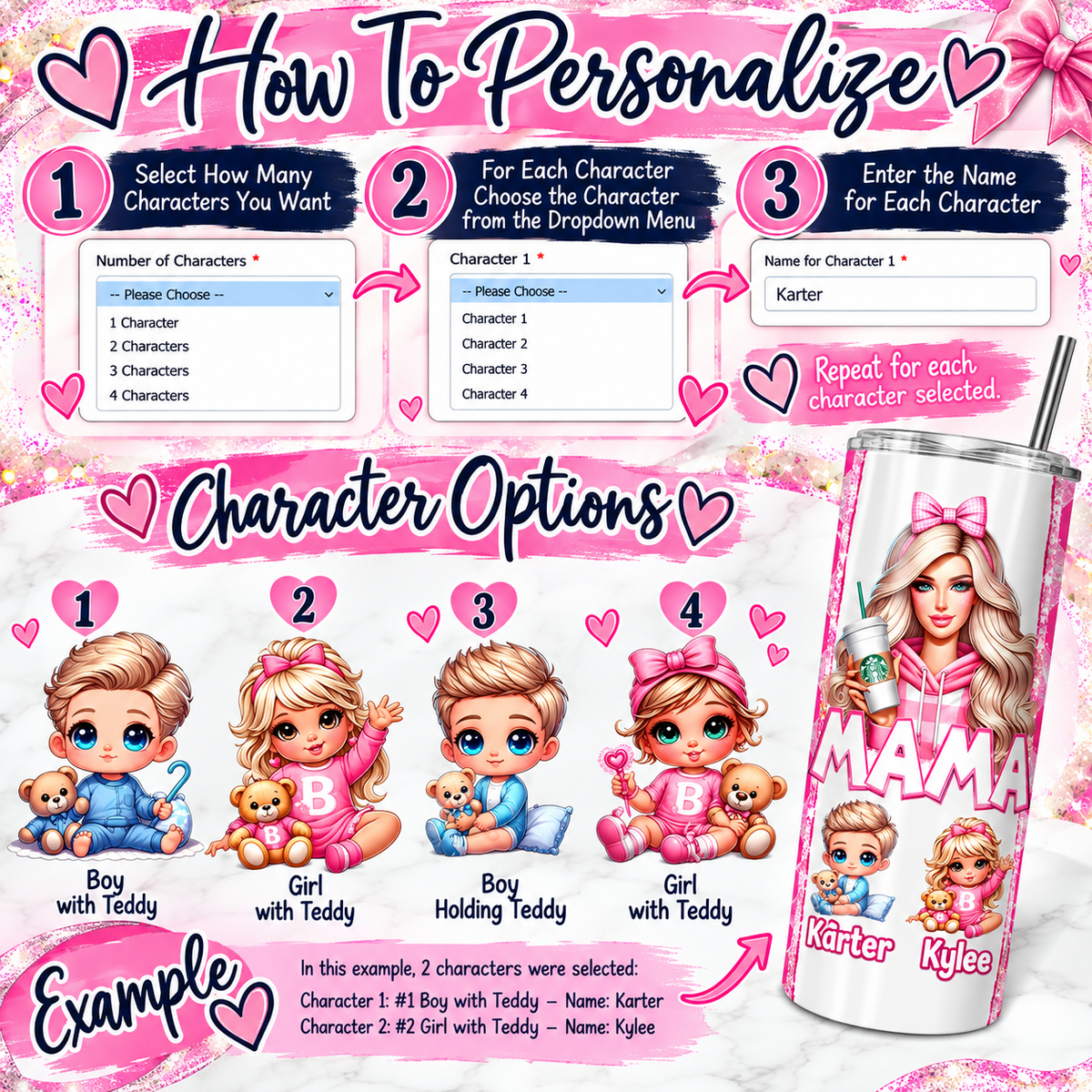 How to personalize Mama's Dreamhouse Crew: select the number of characters, choose each child from the dropdown, and enter each child's name