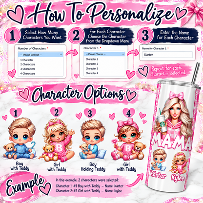 How to personalize Mama's Dreamhouse Crew: select the number of characters, choose each child from the dropdown, and enter each child's name
