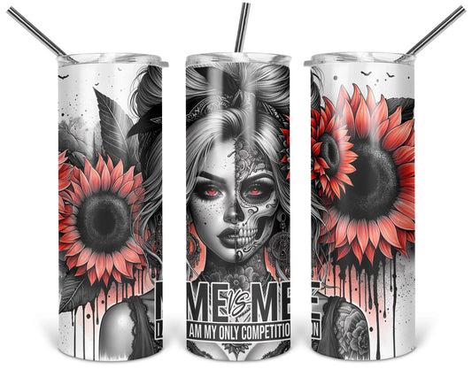Three views of the 20 oz tumbler featuring Me Vs Me split skull portrait with red sunflowers on a white background