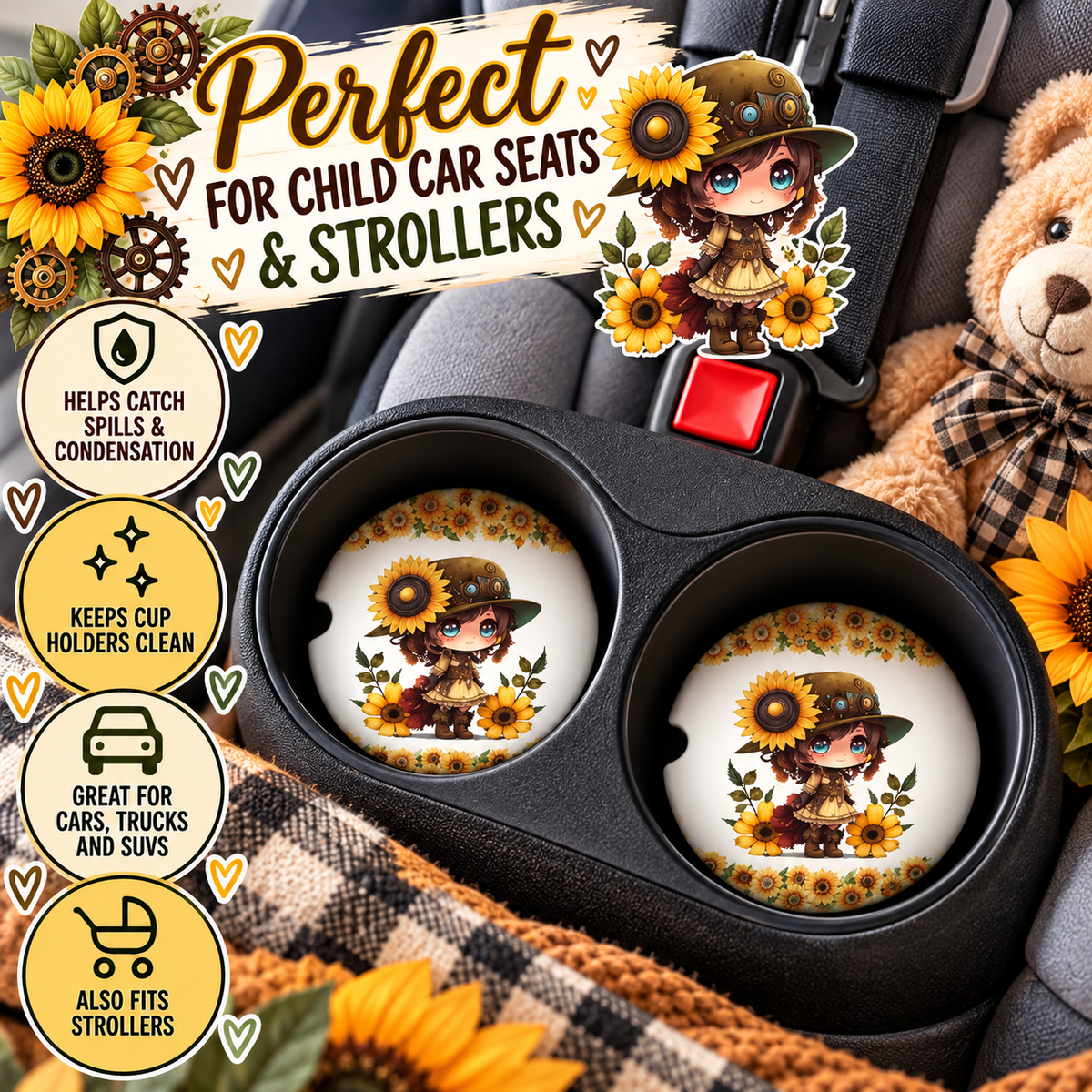 Mechanical Blooms sunflower car coasters displayed in child car seat cup holders