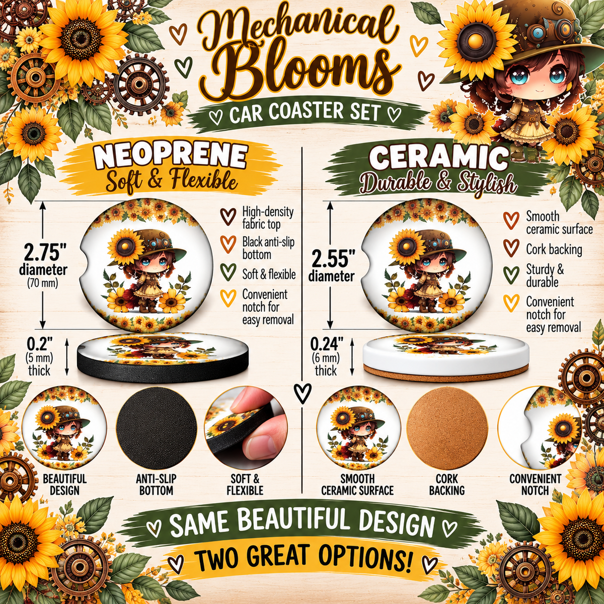 Mechanical Blooms Neoprene and Ceramic sunflower car coaster size comparison