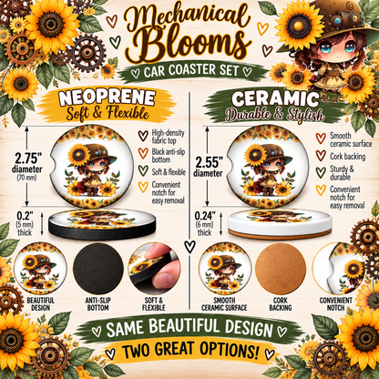 Mechanical Blooms Neoprene and Ceramic sunflower car coaster size comparison
