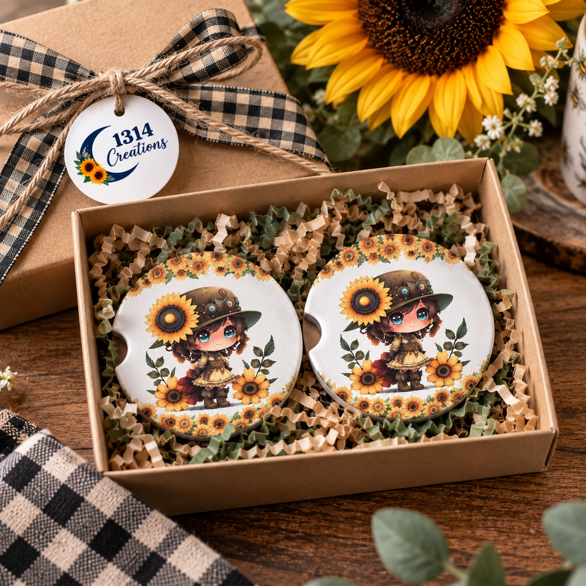 Mechanical Blooms sunflower steampunk car coaster set presented as a gift