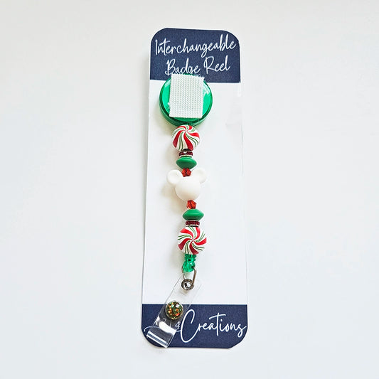 Merry Minty Magical Swirls Badge Reel  - Cute Interchangeable Christmas Badge Reel Clip - Holiday Beaded ID Holder For Work