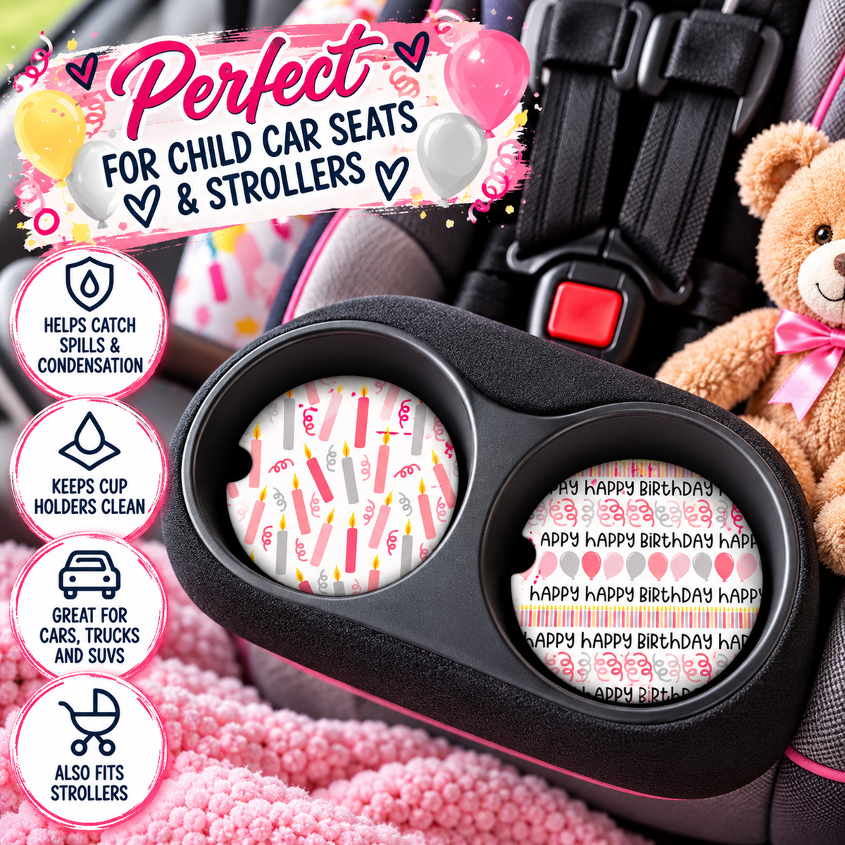 Miles of Birthday Smiles coasters displayed in child car seat cup holders