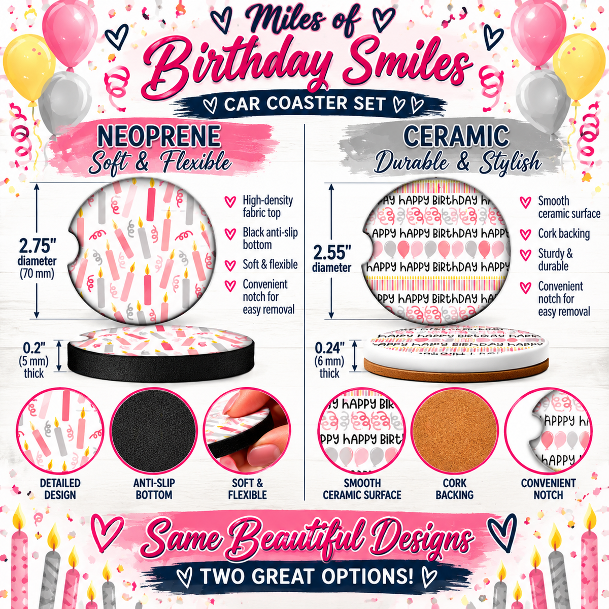Miles of Birthday Smiles Neoprene and Ceramic birthday car coaster size comparison