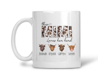 Mimi Loves Her Herd Mug – A Personalized Tribute to Mimi's Grandkids, Custom Cow Themed Coffee Mug, Gift For Mother's Day