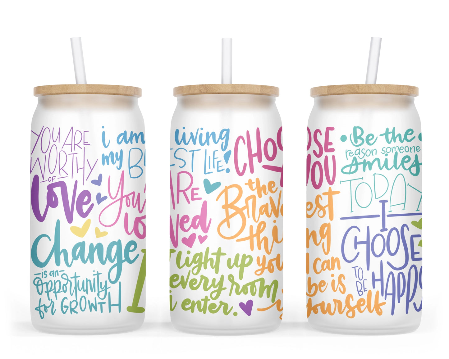 Mindfulness Mantras Tumbler - 16oz Glass Affirmations Tumbler With Straw - Positive Thoughts Libbey Cup