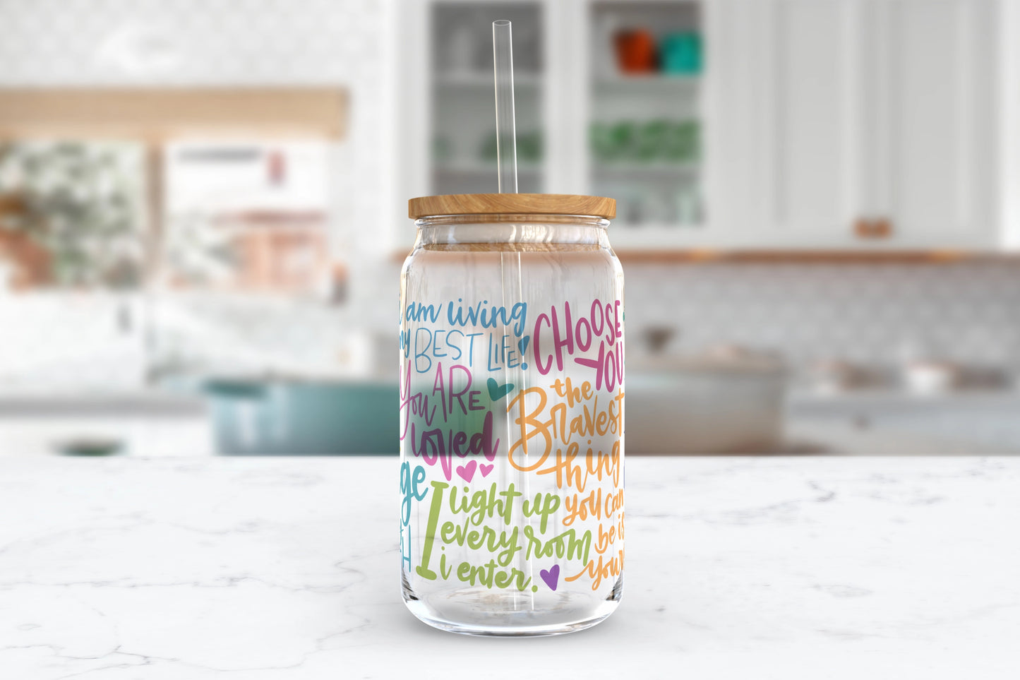 Mindfulness Mantras Tumbler - 16oz Glass Affirmations Tumbler With Straw - Positive Thoughts Libbey Cup