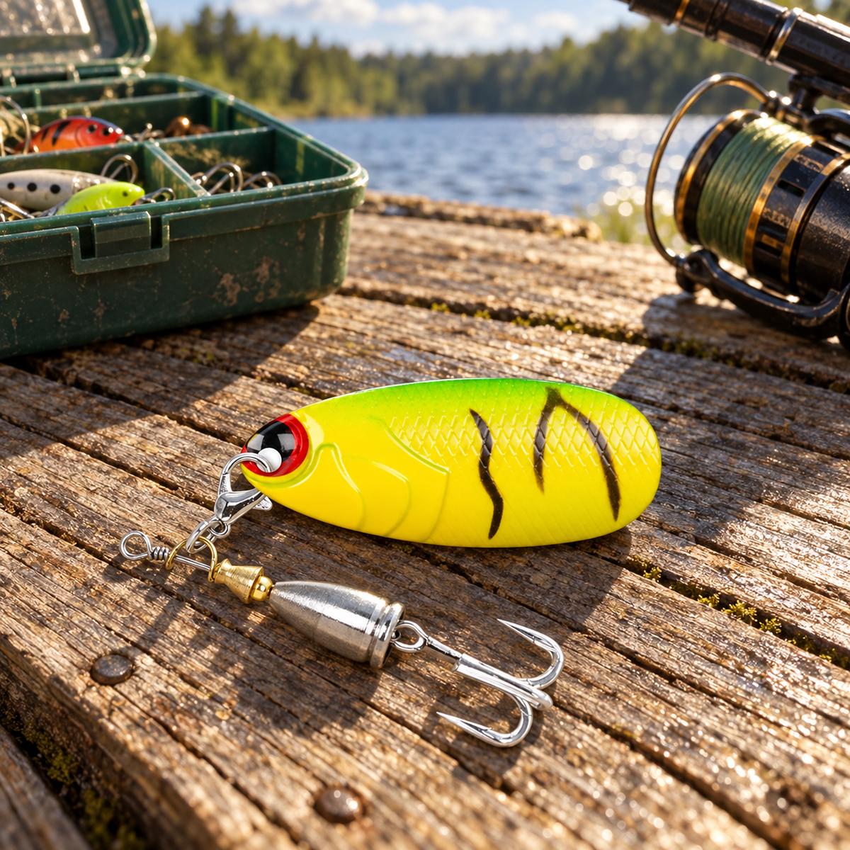 Minnow Magic fishing lure with yellow fish artwork and black markings resting on a wooden dock beside a tackle box and fishing rod.