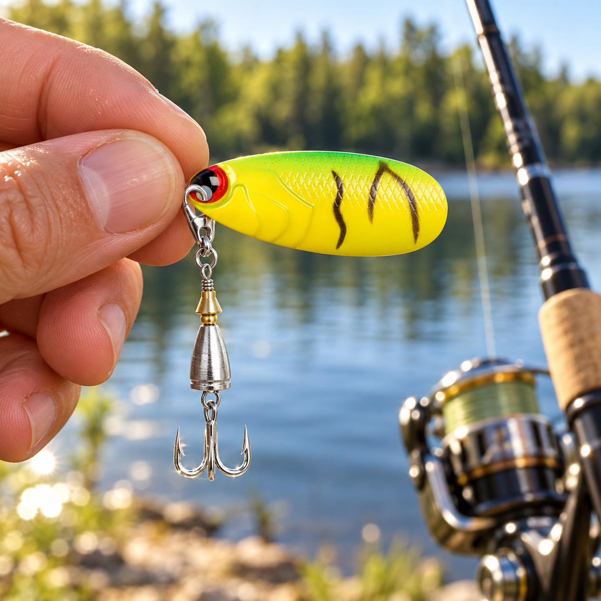 Hand holding a Minnow Magic yellow fishing lure with black markings and a treble hook beside a lake, with a fishing rod in the background.