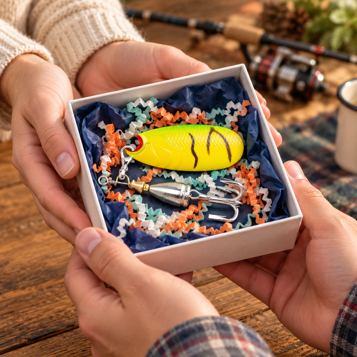 Hands presenting a Minnow Magic yellow fishing lure in an open white gift box with navy tissue and orange, teal, and white crinkle paper.