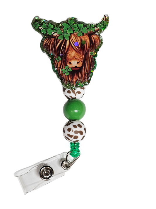 Moo-lucky Charm Retractable Badge Reel - Highland Cow Beaded ID Holder - St Patty's Day Decor