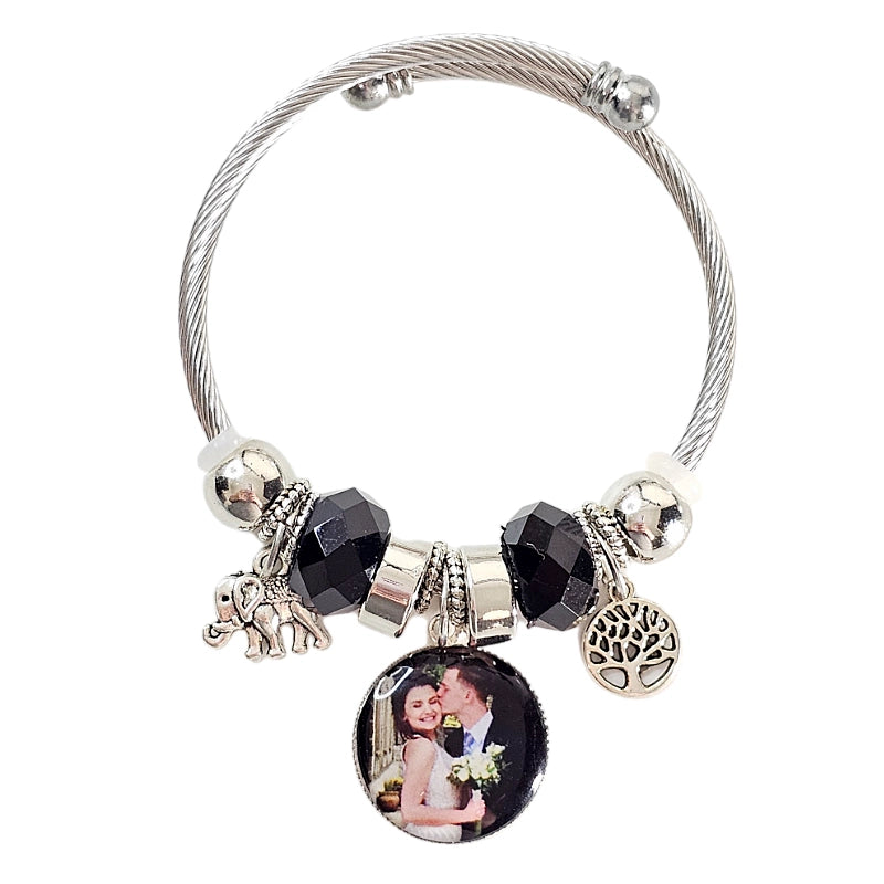 Onyx Serenity Silver Personalized Charm Bracelet 🌟 Adjustable Photo Charm Bracelet 🌟Custom Photograph Gift For Her