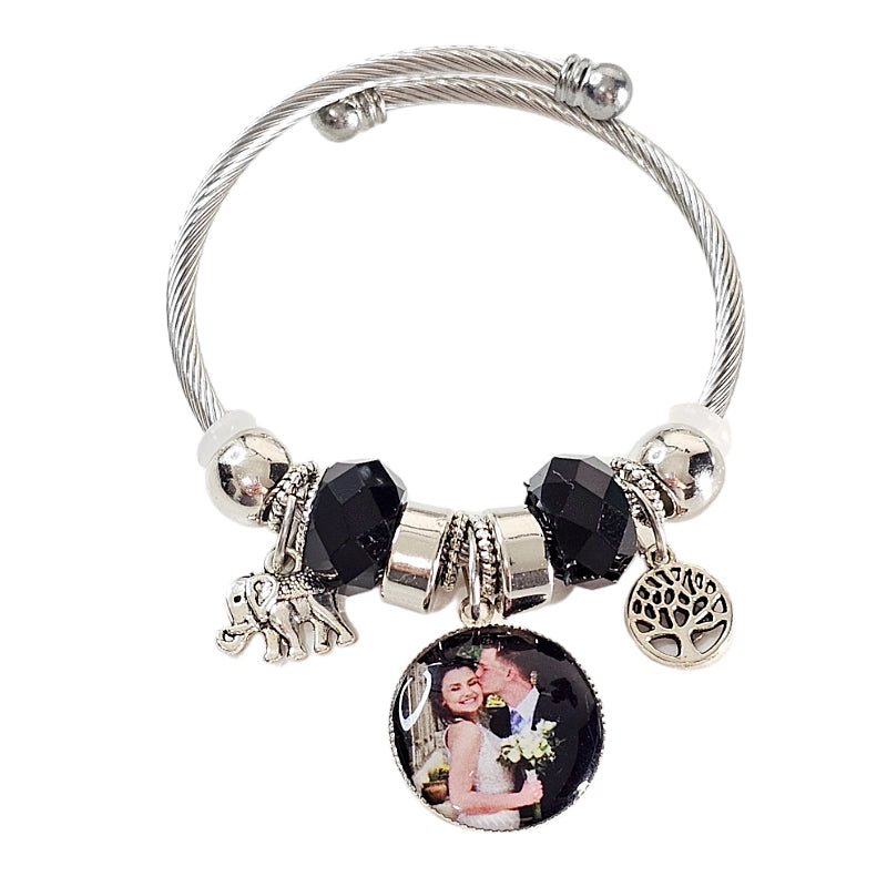 Onyx Serenity Silver Personalized Charm Bracelet 🌟 Adjustable Photo Charm Bracelet 🌟Custom Photograph Gift For Her