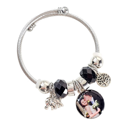 Onyx Serenity Silver Personalized Charm Bracelet 🌟 Adjustable Photo Charm Bracelet 🌟Custom Photograph Gift For Her